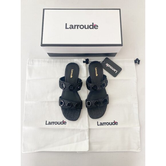 New Larroude Milan Flat Mule Sandals Slides Shoes Black Raffia